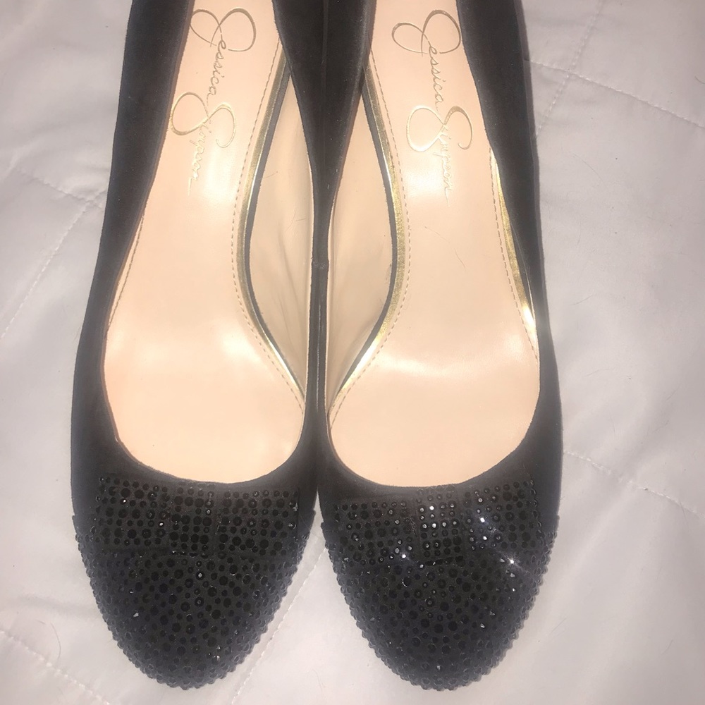 Jessica Simpson black stone bow wedges 9.5